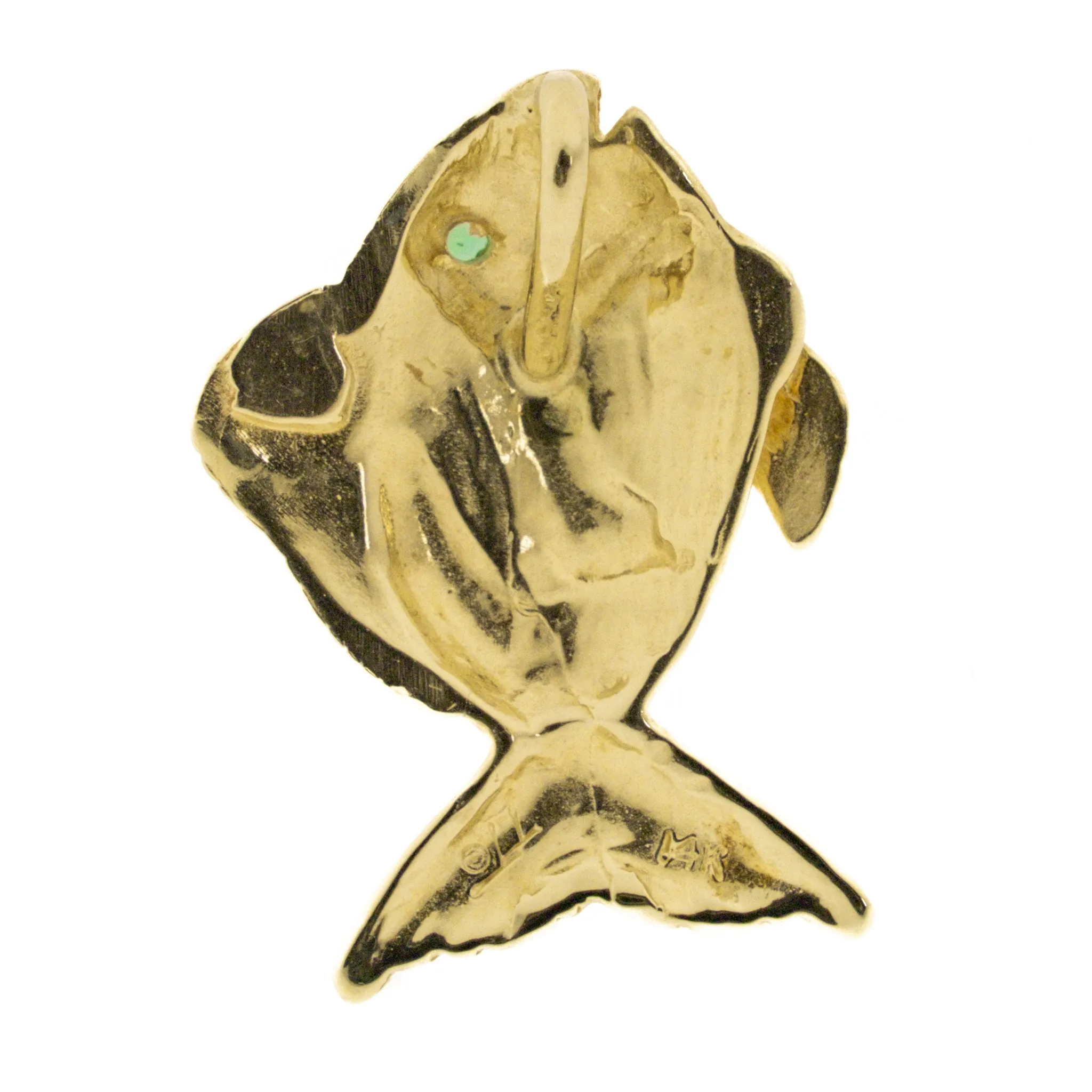 Fish Pendant with Green Eye in Solid 14K Yellow Gold - 2.2 grams