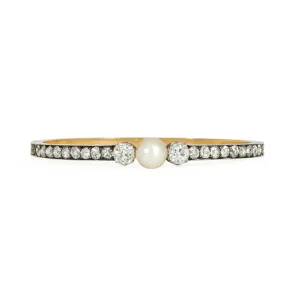 French Antique Silver & 18KT Yellow Gold Diamond & Natural Pearl Bangle Bracelet