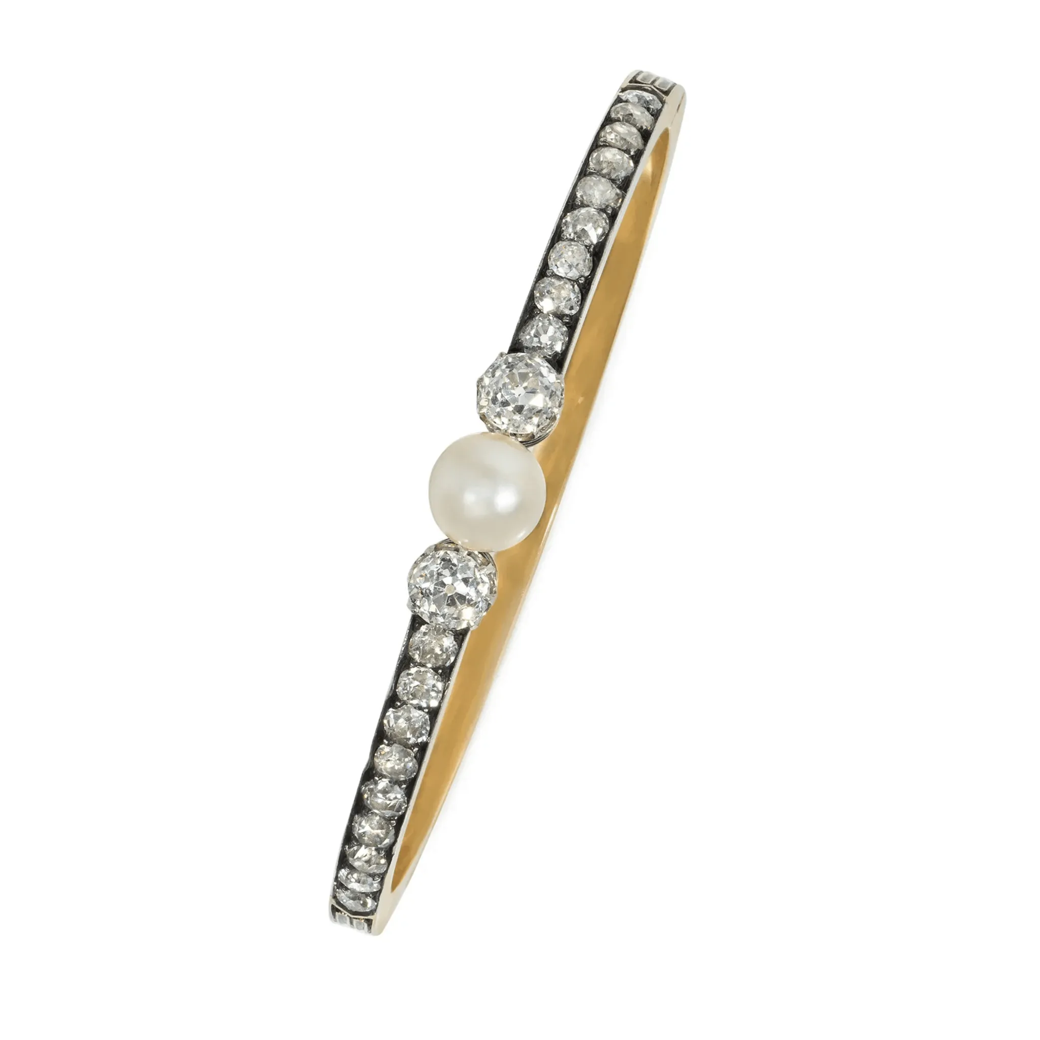 French Antique Silver & 18KT Yellow Gold Diamond & Natural Pearl Bangle Bracelet