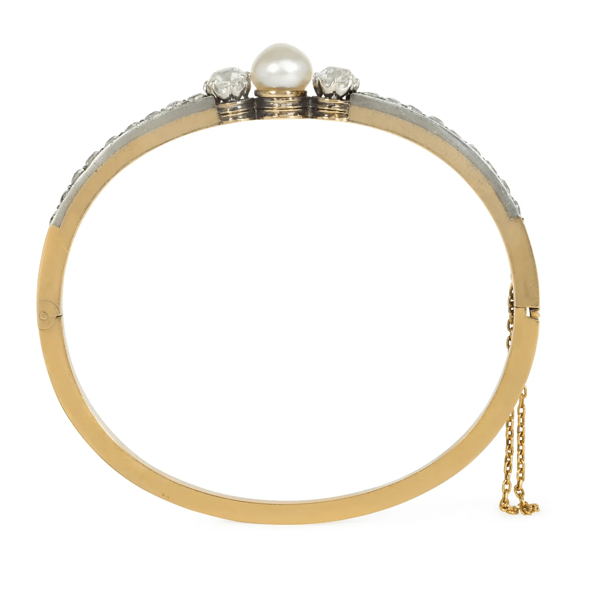 French Antique Silver & 18KT Yellow Gold Diamond & Natural Pearl Bangle Bracelet