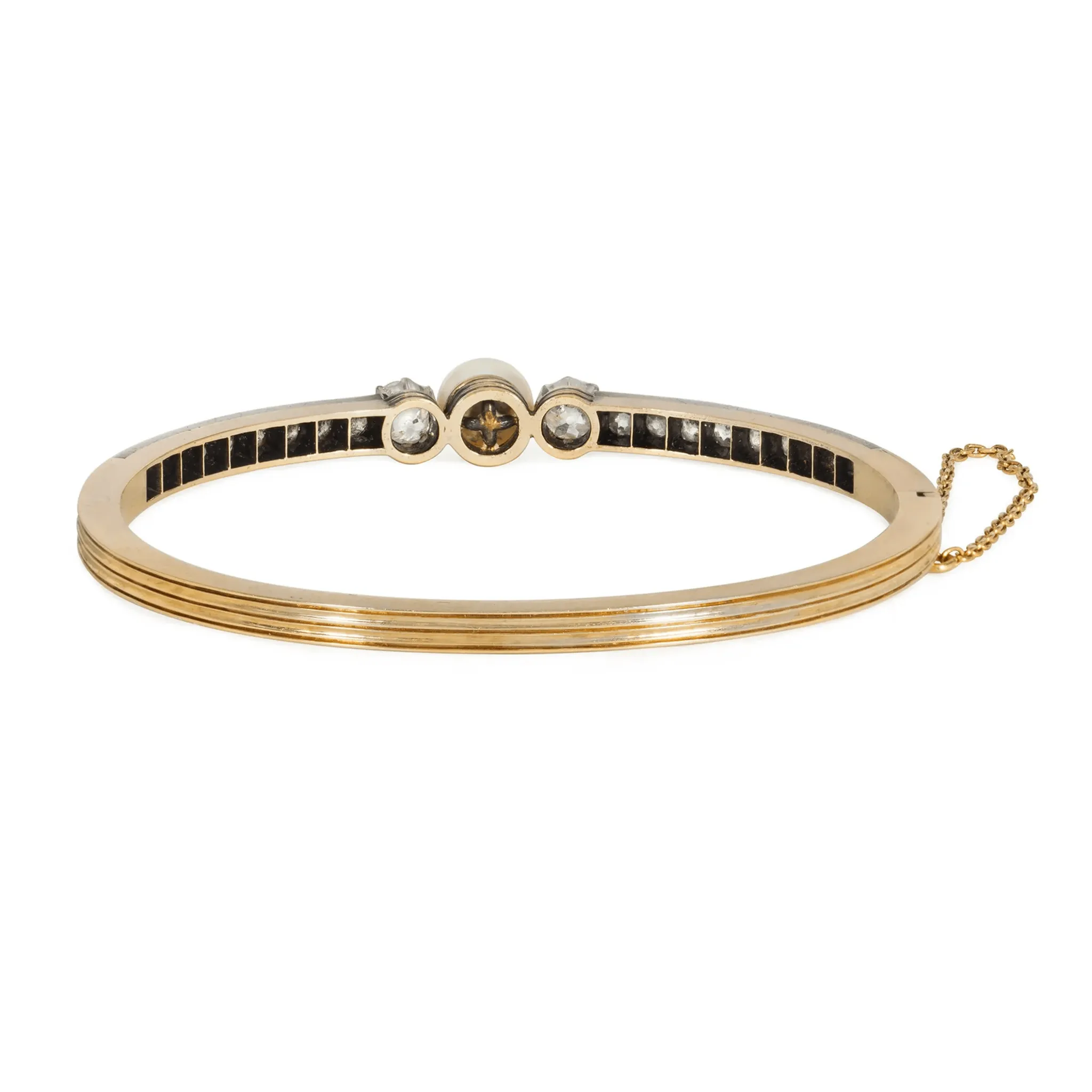 French Antique Silver & 18KT Yellow Gold Diamond & Natural Pearl Bangle Bracelet