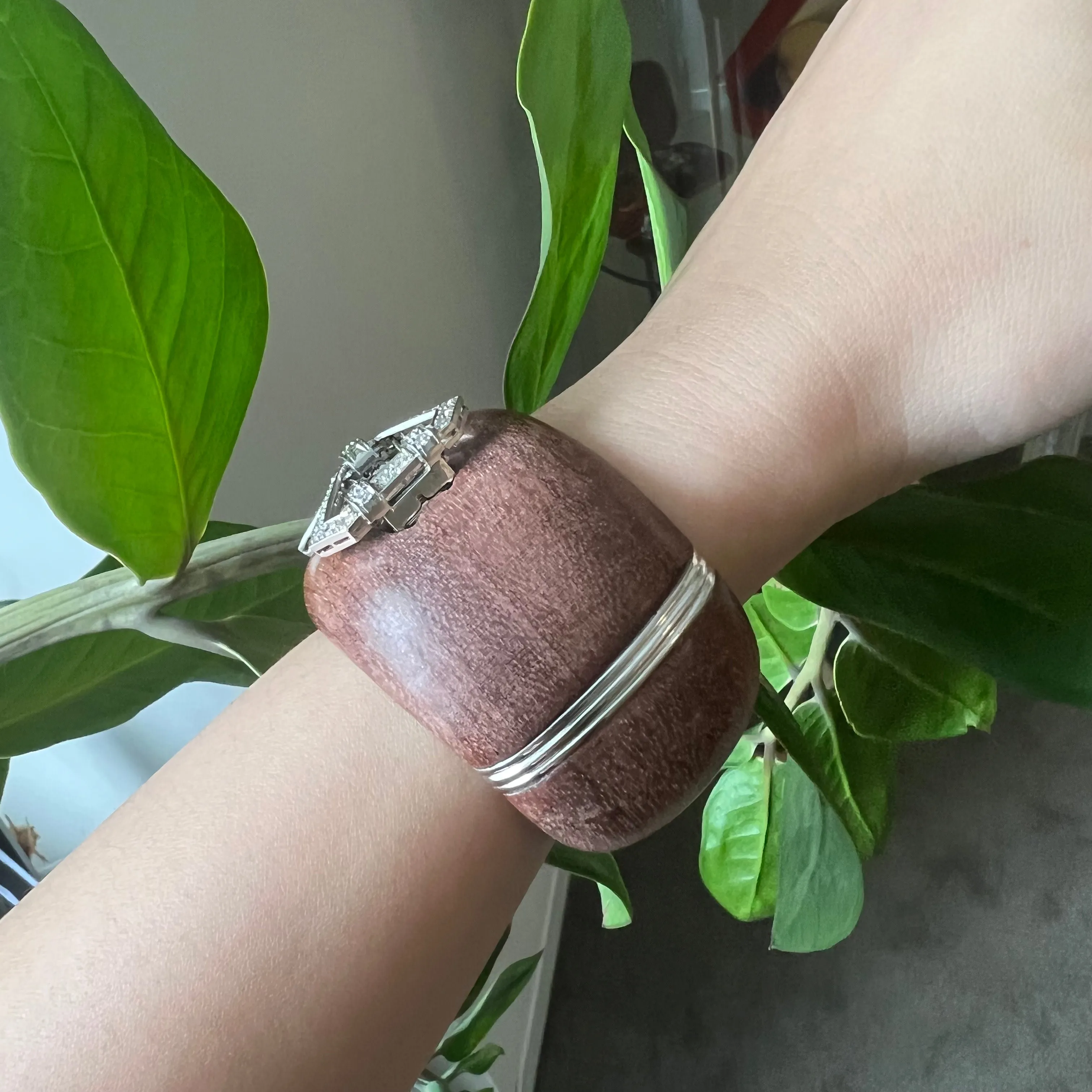 French Art Deco Diamond Platinum Clips on Modern Wood Cuff Bracelet