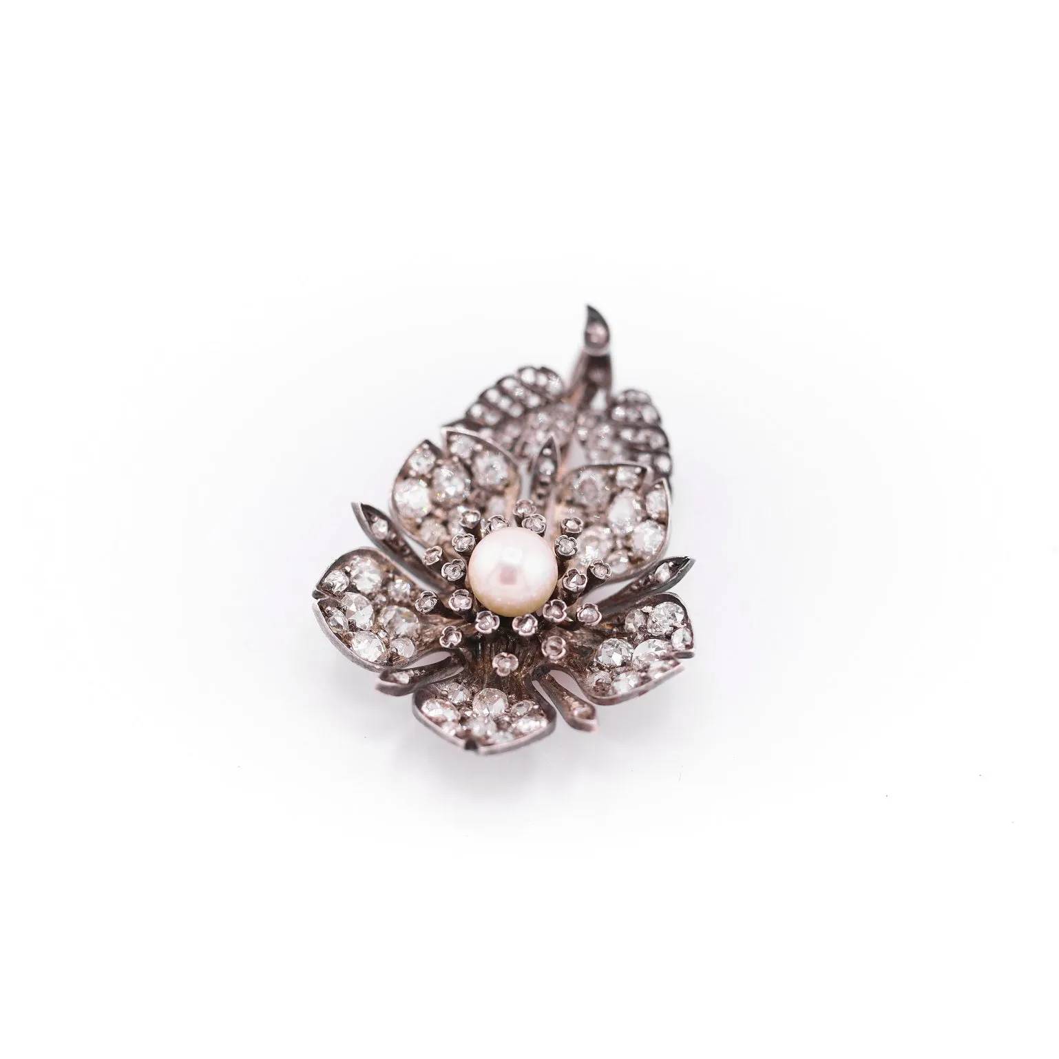 French Victorian Silver & 18KT Yellow Gold Diamond & Natural Pearl Flower Pendant