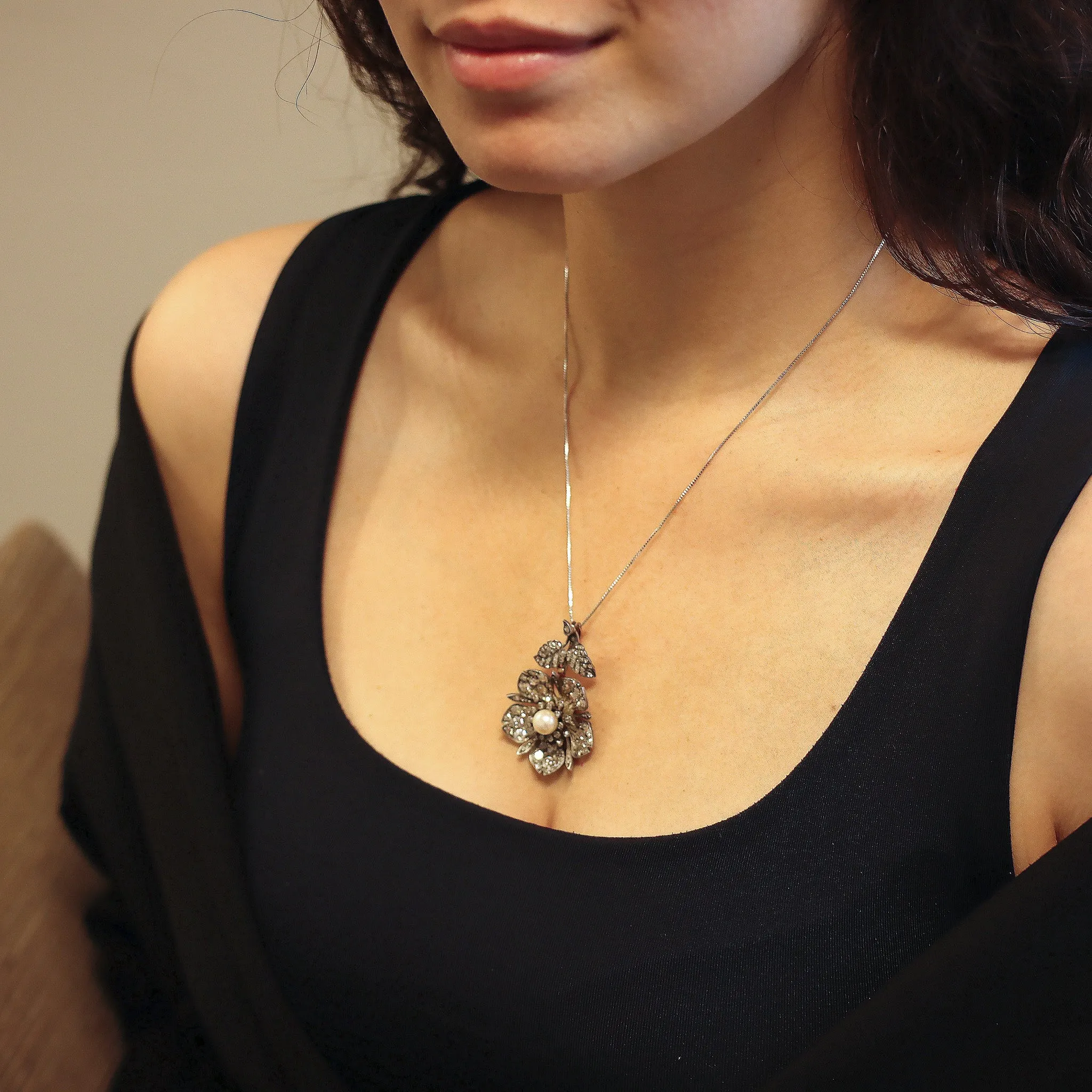 French Victorian Silver & 18KT Yellow Gold Diamond & Natural Pearl Flower Pendant