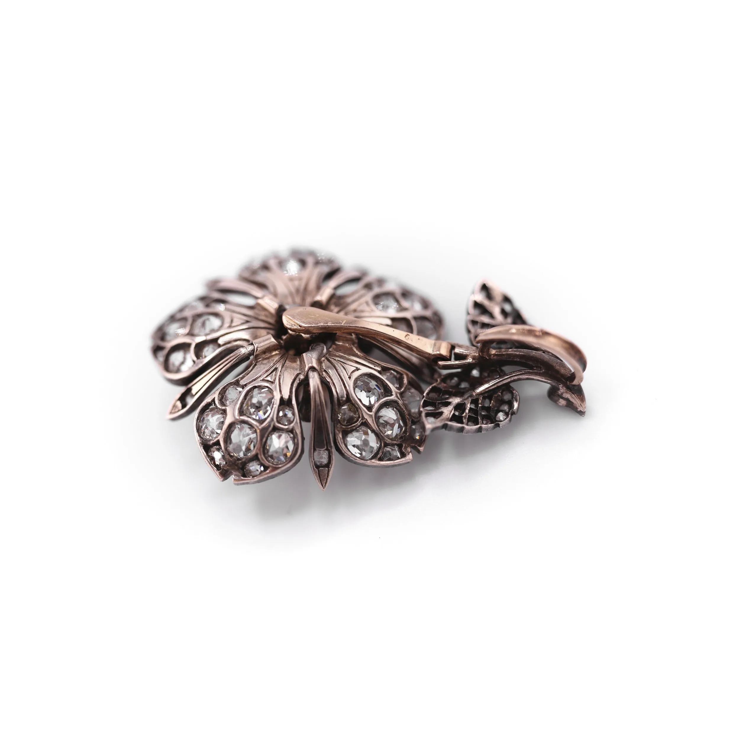 French Victorian Silver & 18KT Yellow Gold Diamond & Natural Pearl Flower Pendant