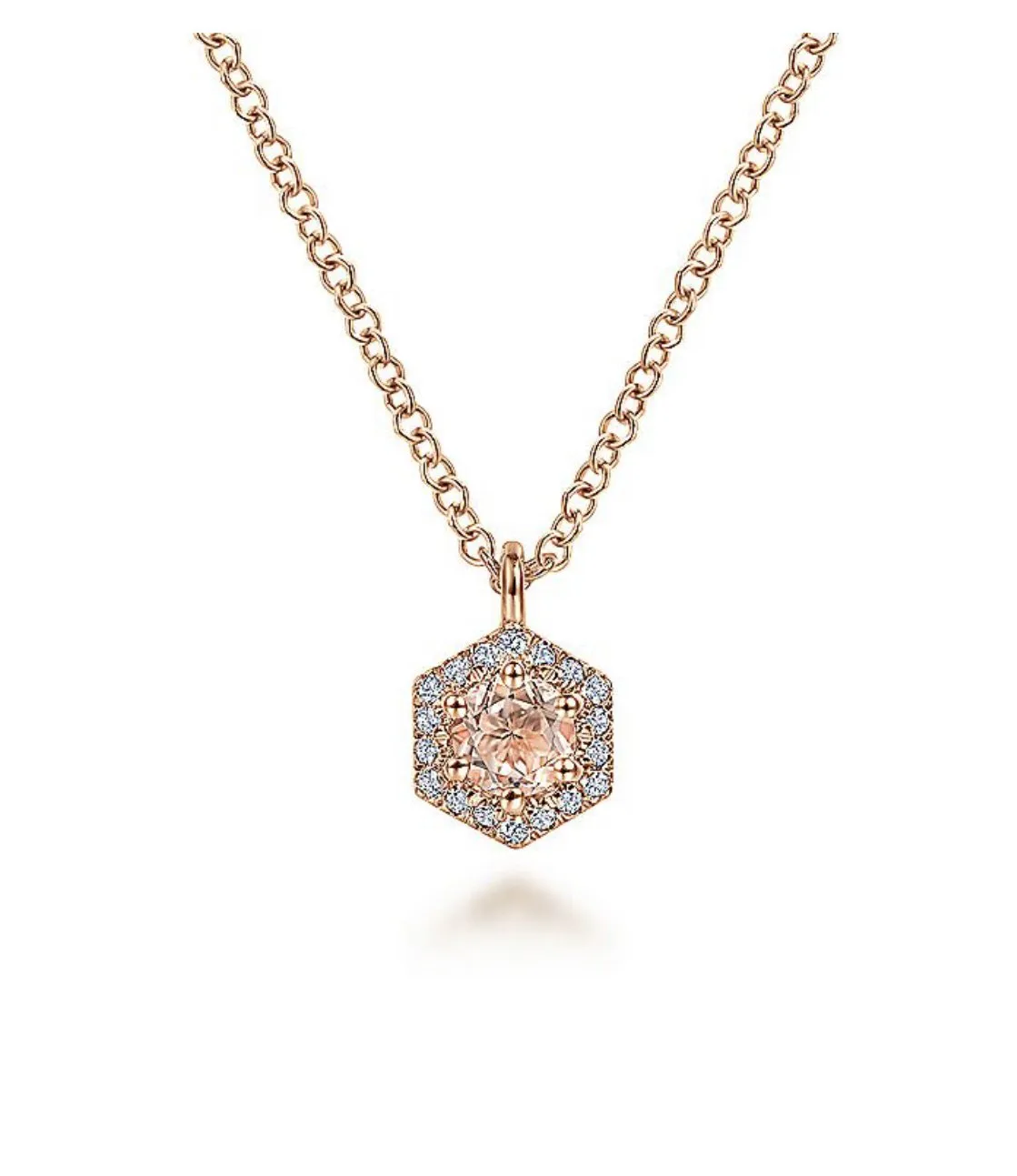 Gabriel & Co-14 K Rose Gold Hexagonal Halo Morganite and Diamond Pendant Necklace
