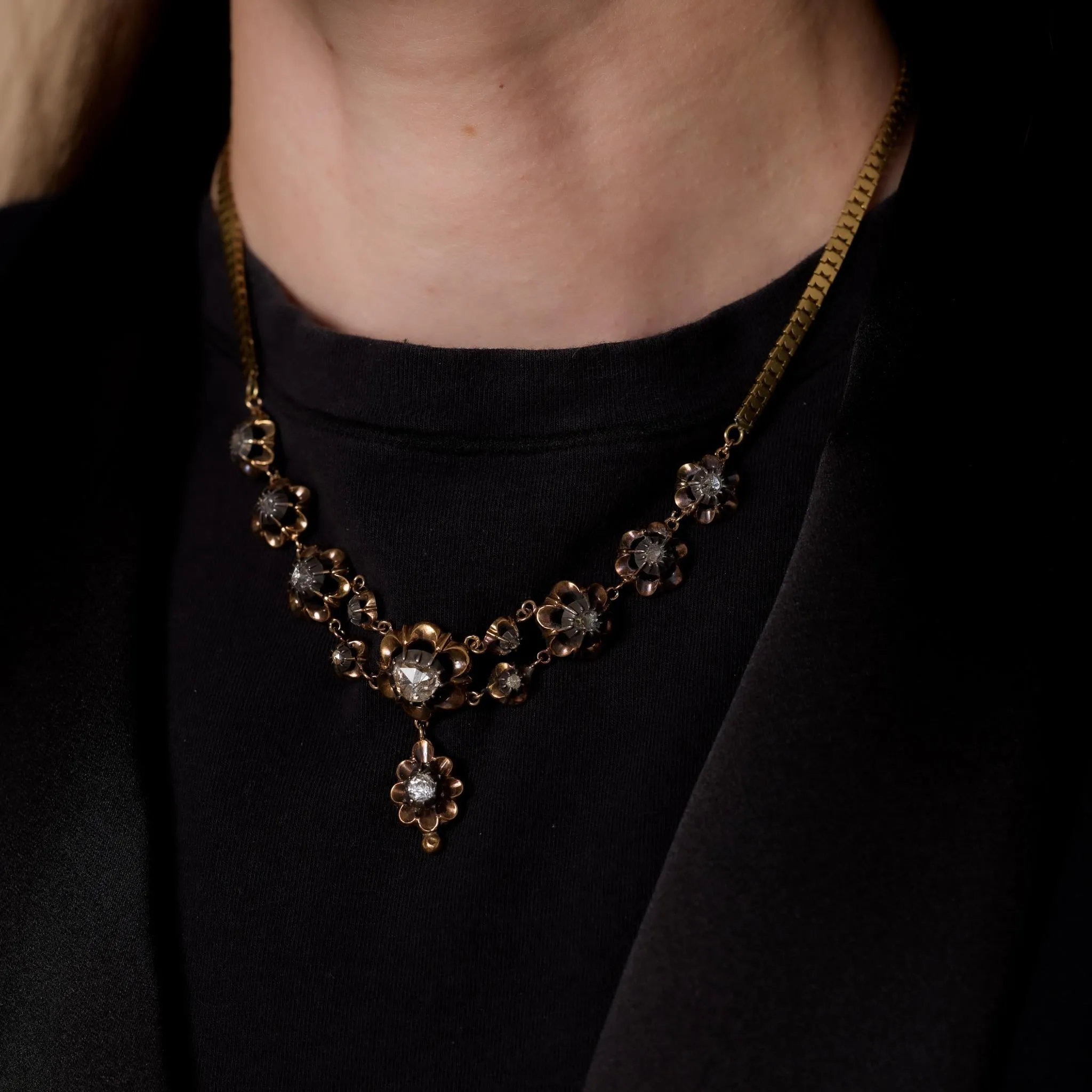 Georgian French rose cut diamond 18k yellow gold silver necklace