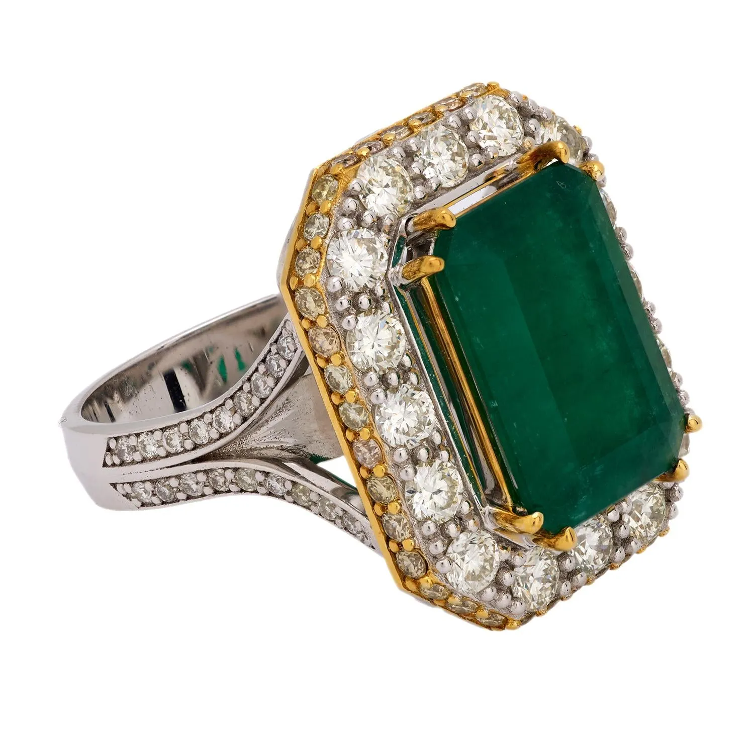 GIA 5.21 carat no oil emerald diamond 14k white and yellow gold cocktail ring