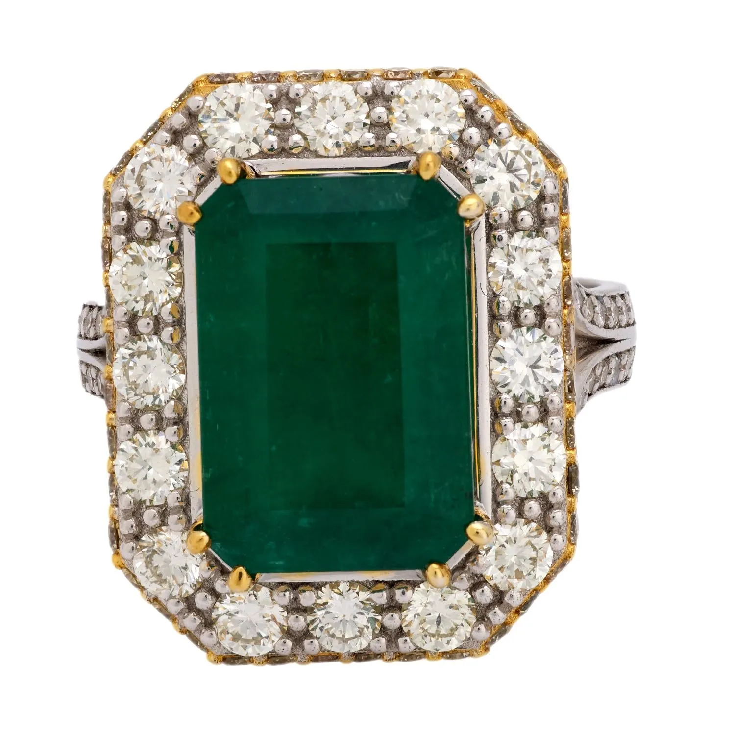 GIA 5.21 carat no oil emerald diamond 14k white and yellow gold cocktail ring