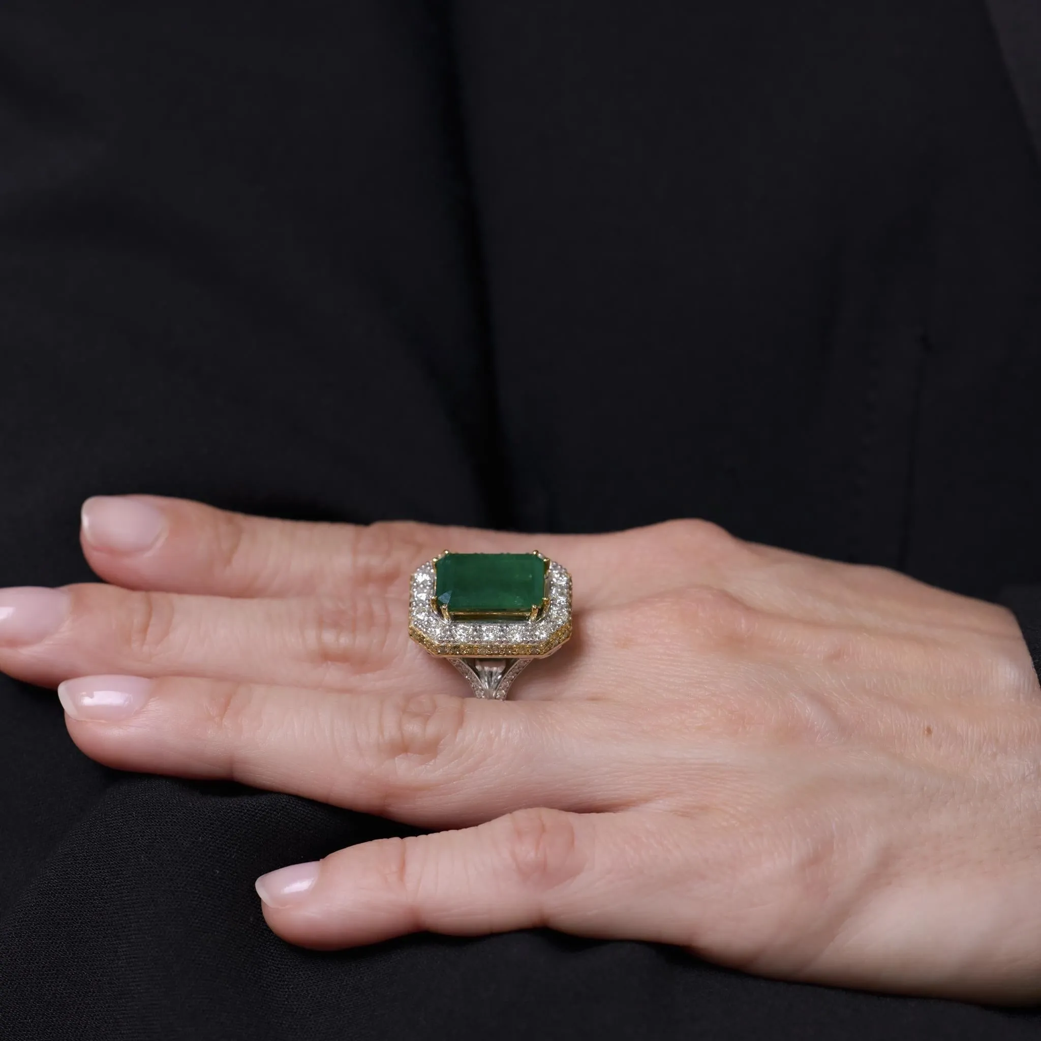 GIA 5.21 carat no oil emerald diamond 14k white and yellow gold cocktail ring