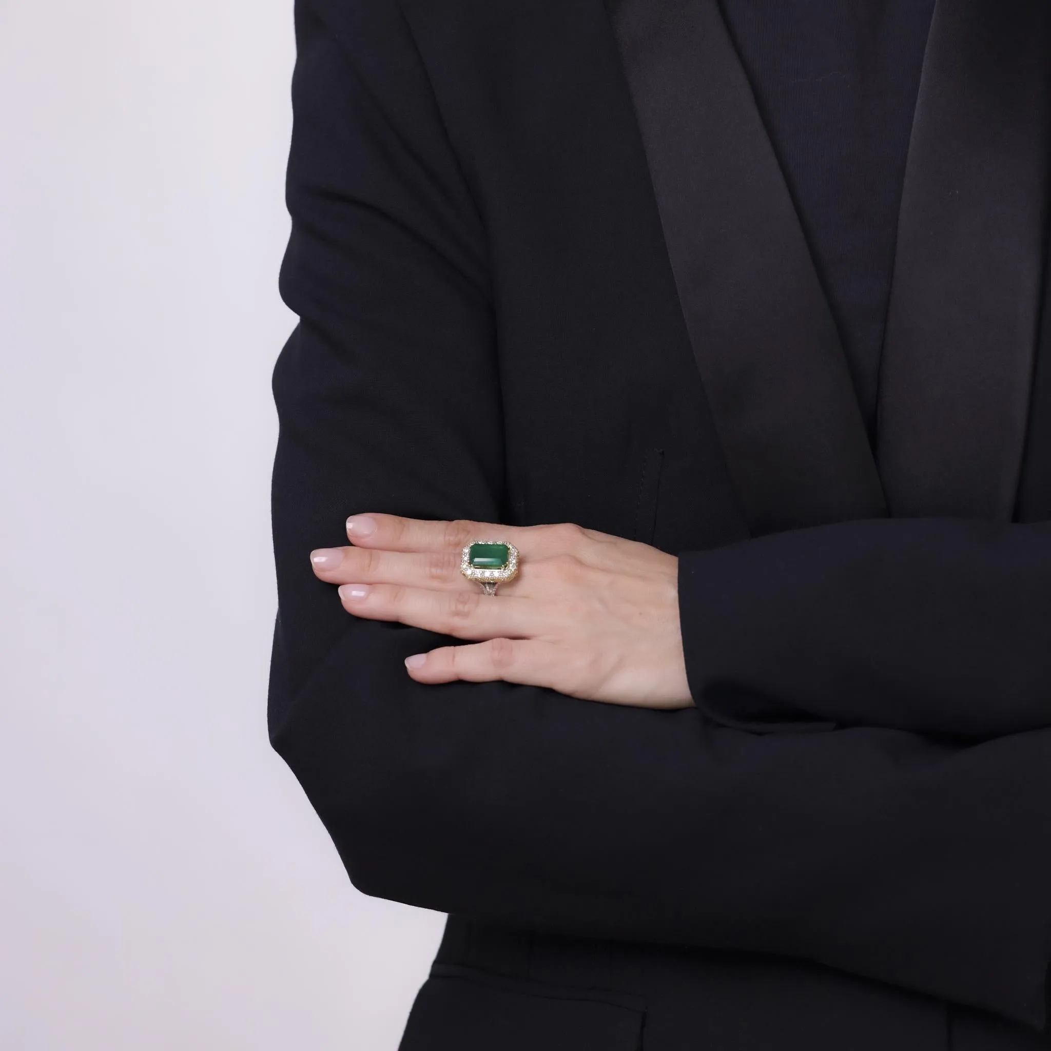 GIA 5.21 carat no oil emerald diamond 14k white and yellow gold cocktail ring