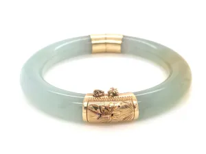 GIA Natural Jadeite Jade Pale Green & Brown Hinged Bangle 14K Gold