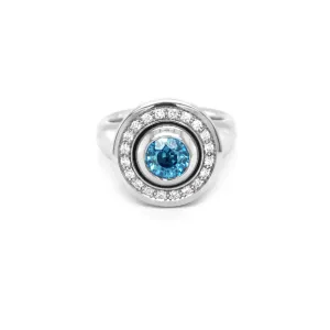 JORG HEINZ 'MAGIC' 18CT WHITE GOLD BLUE ZIRCON BLACK AND WHITE DIAMOND RING