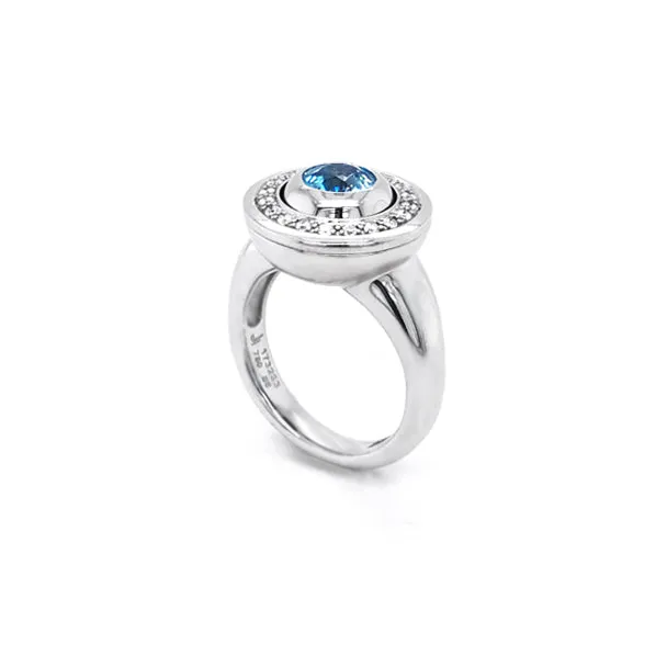JORG HEINZ 'MAGIC' 18CT WHITE GOLD BLUE ZIRCON BLACK AND WHITE DIAMOND RING