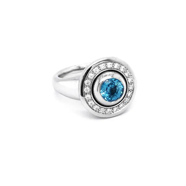 JORG HEINZ 'MAGIC' 18CT WHITE GOLD BLUE ZIRCON BLACK AND WHITE DIAMOND RING