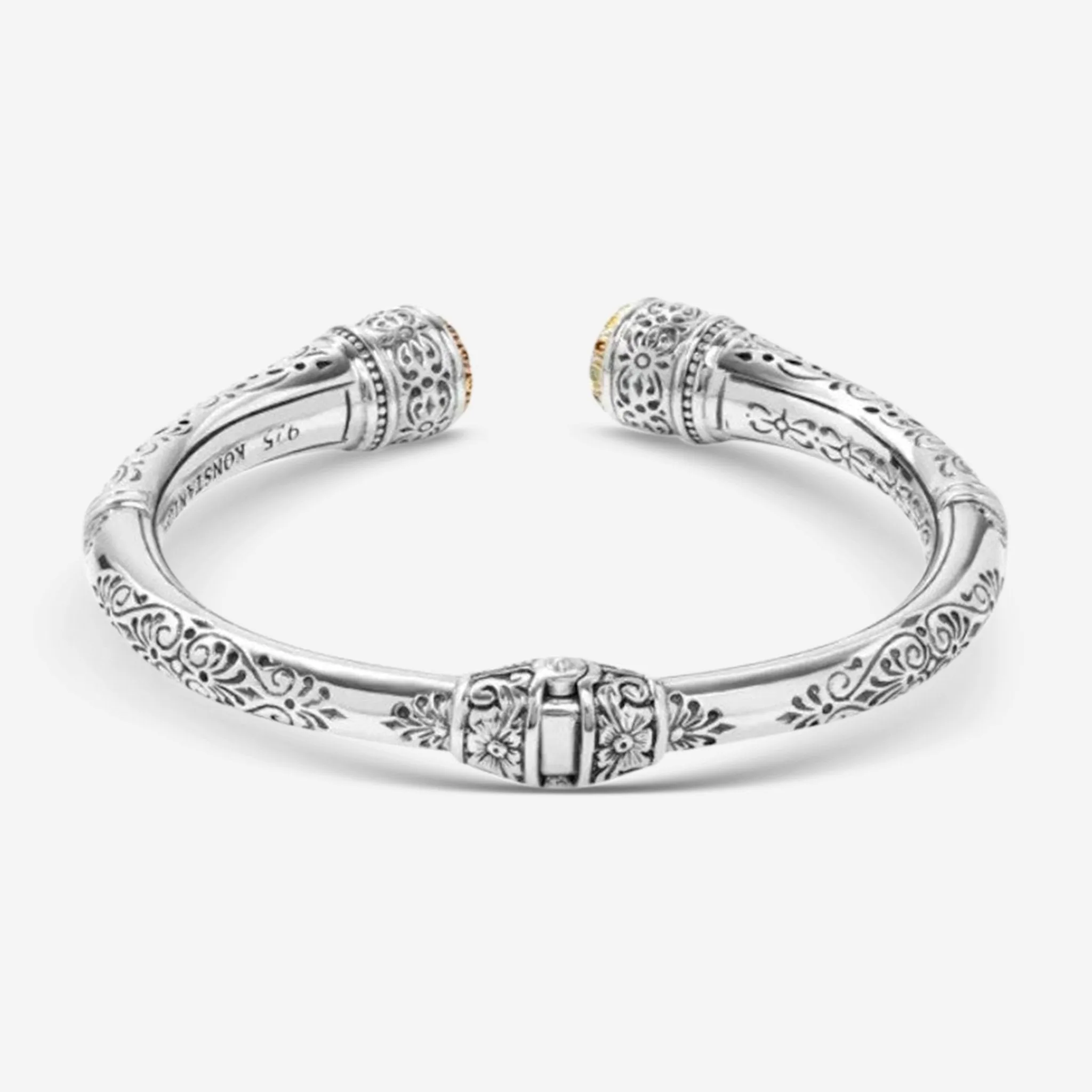 Konstantino Dome Sterling Silver and 18K Yellow Gold Mother of Pearl Doublet Etched Cuff Bracelet BKJ699-313