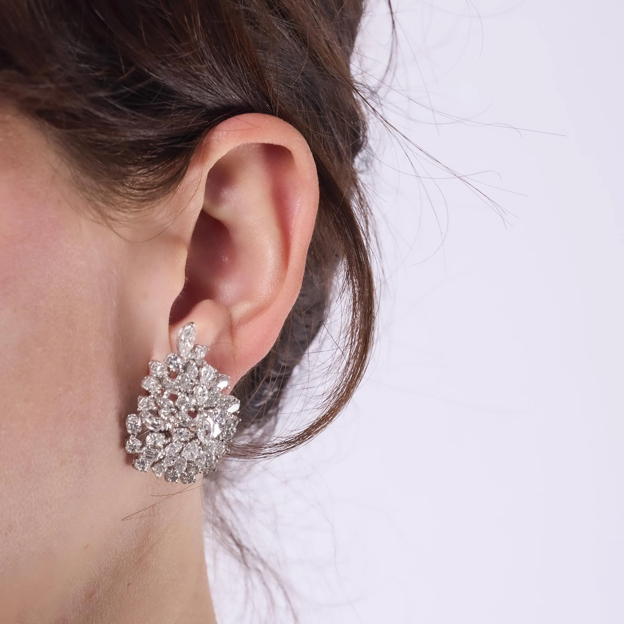 Mid Century 14 carat diamond 18k white gold cluster earrings
