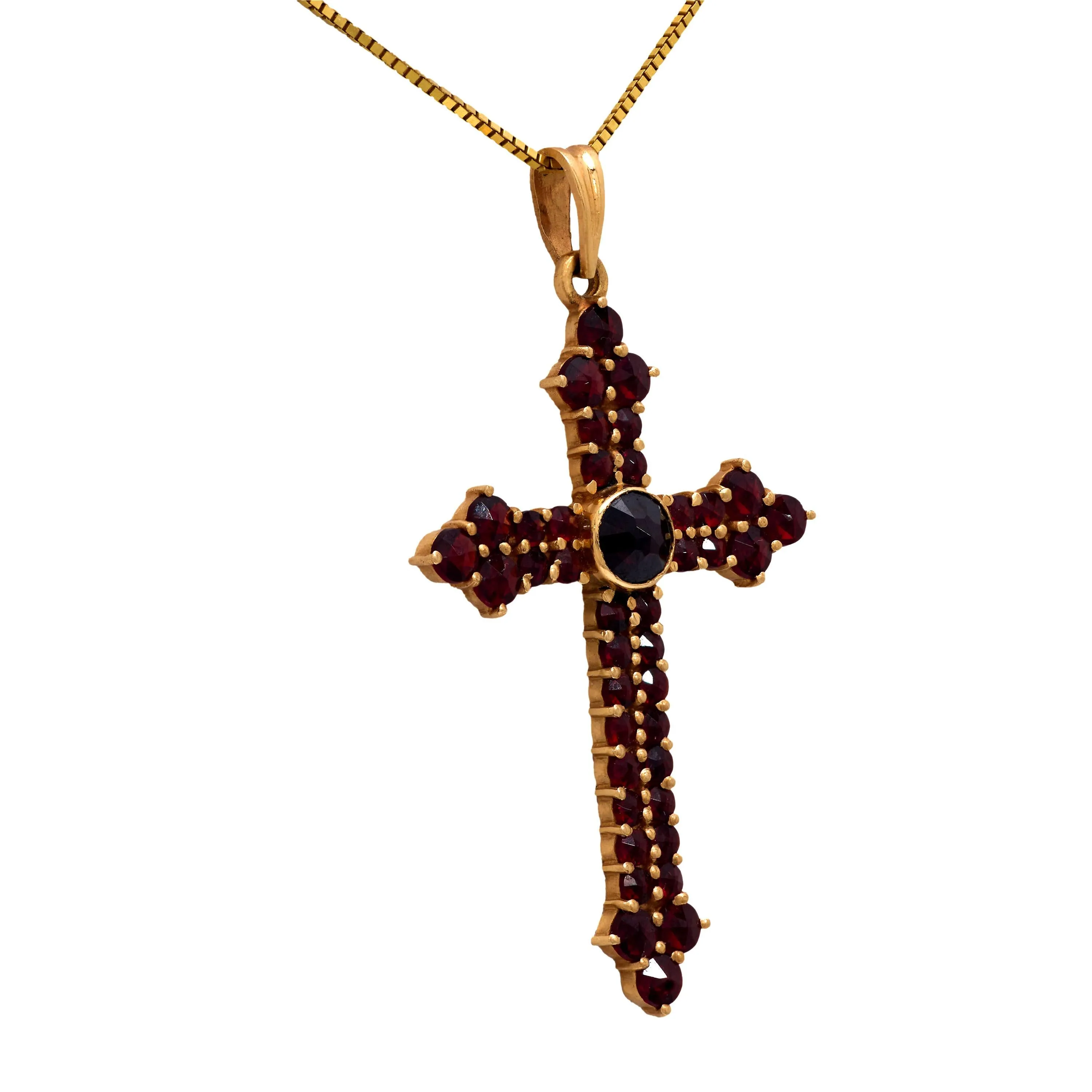 Mid Century 3.45 carat total weight garnet 14k yellow gold cross necklace
