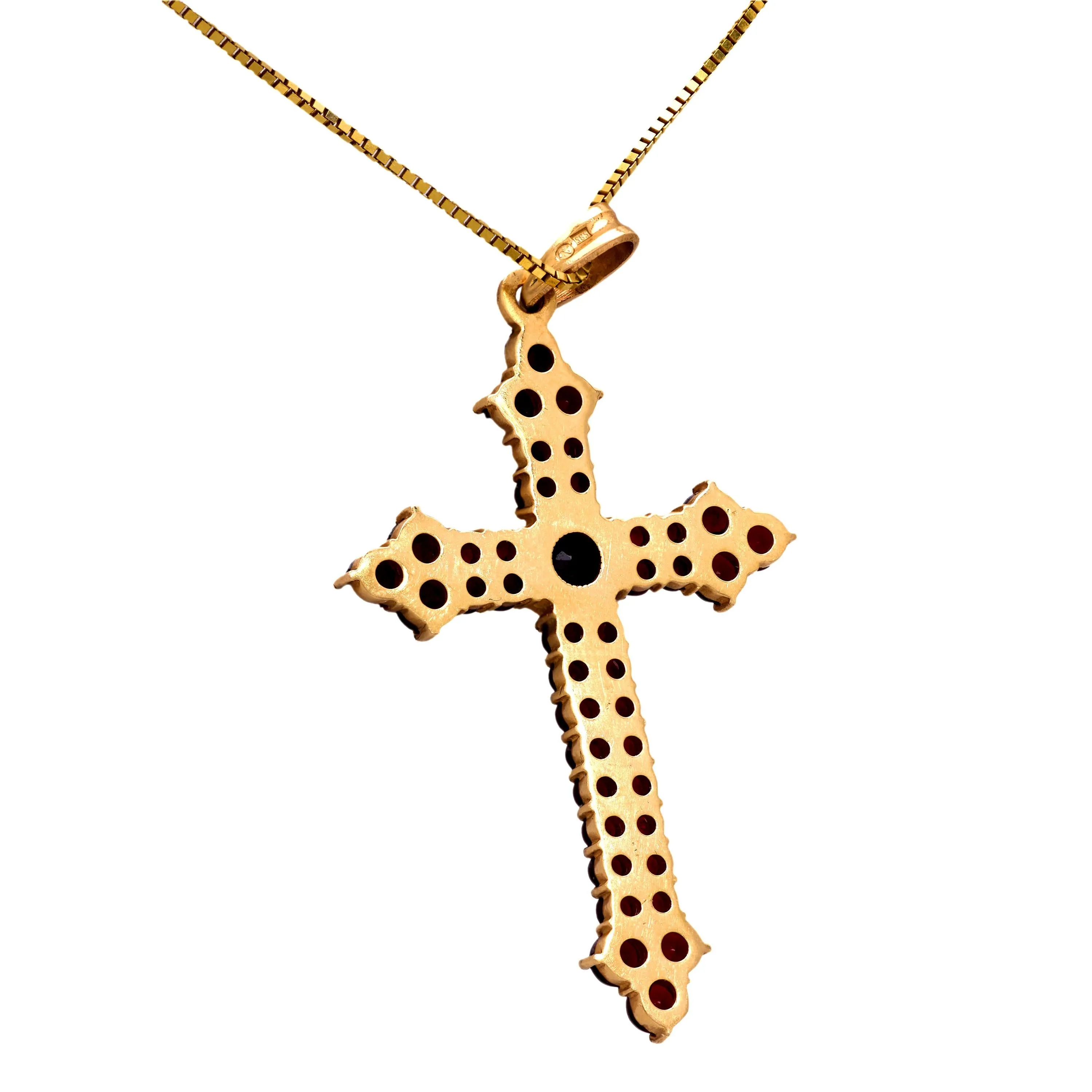 Mid Century 3.45 carat total weight garnet 14k yellow gold cross necklace