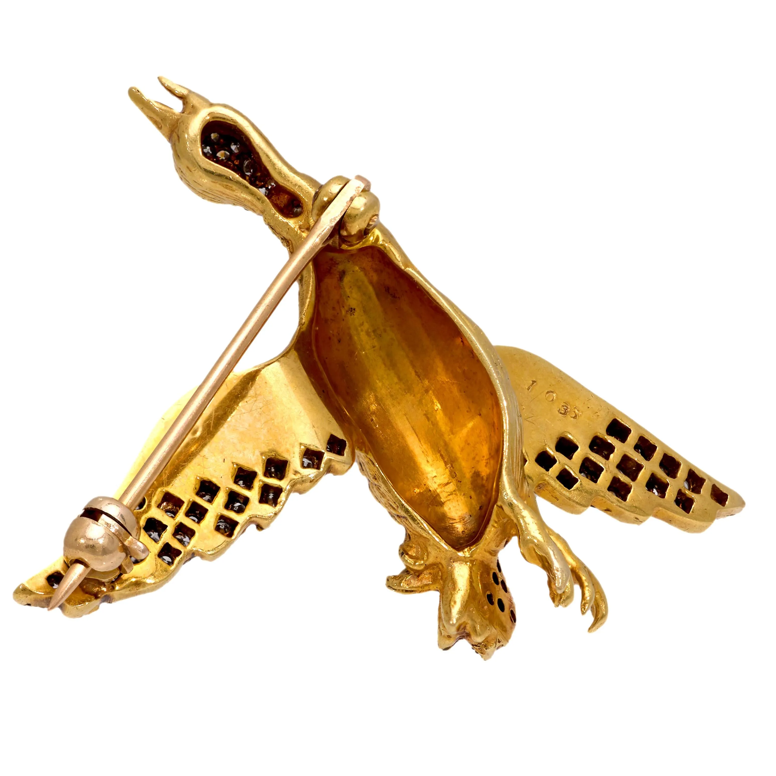 Mid Century diamond 18k yellow gold goose brooch