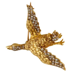Mid Century diamond 18k yellow gold goose brooch