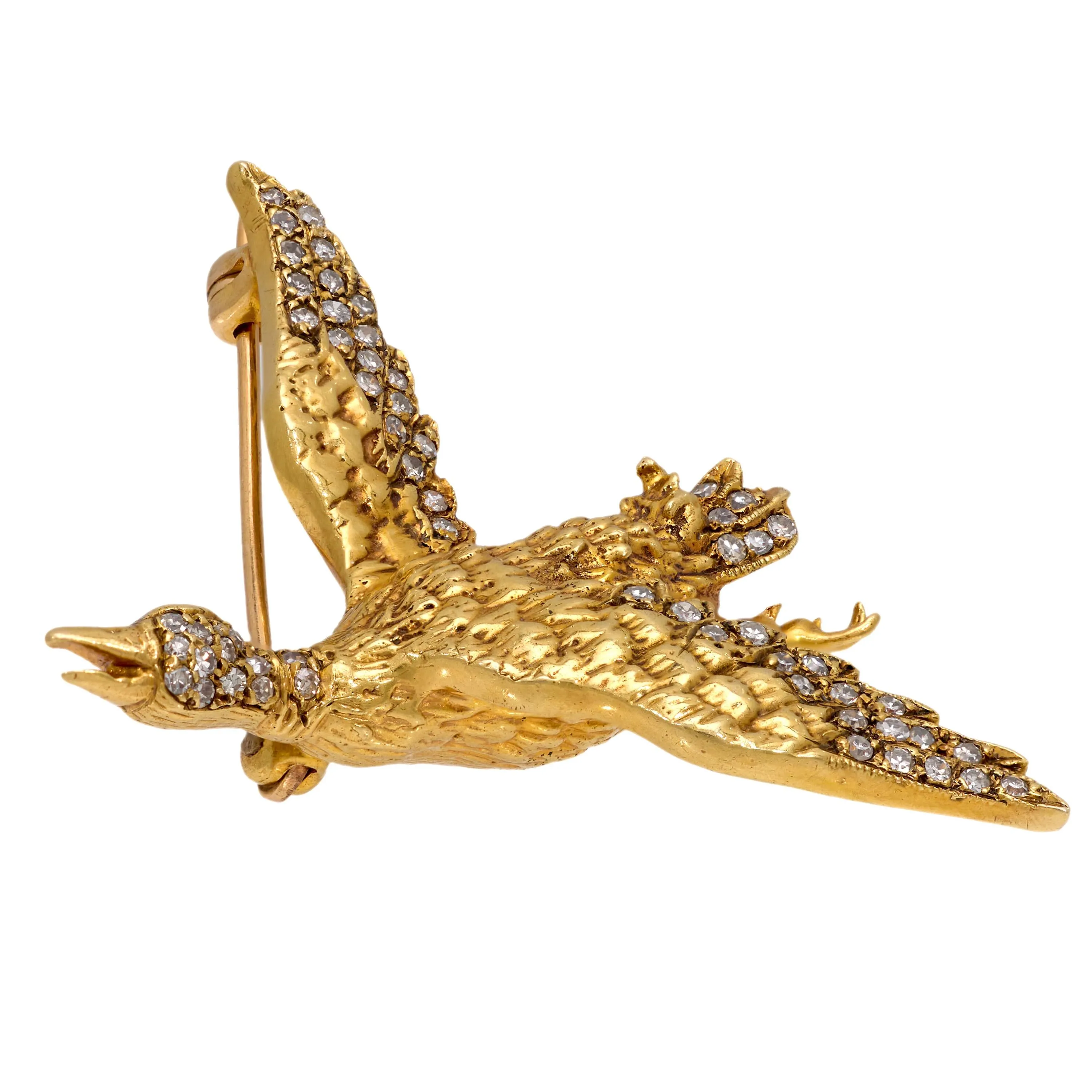 Mid Century diamond 18k yellow gold goose brooch