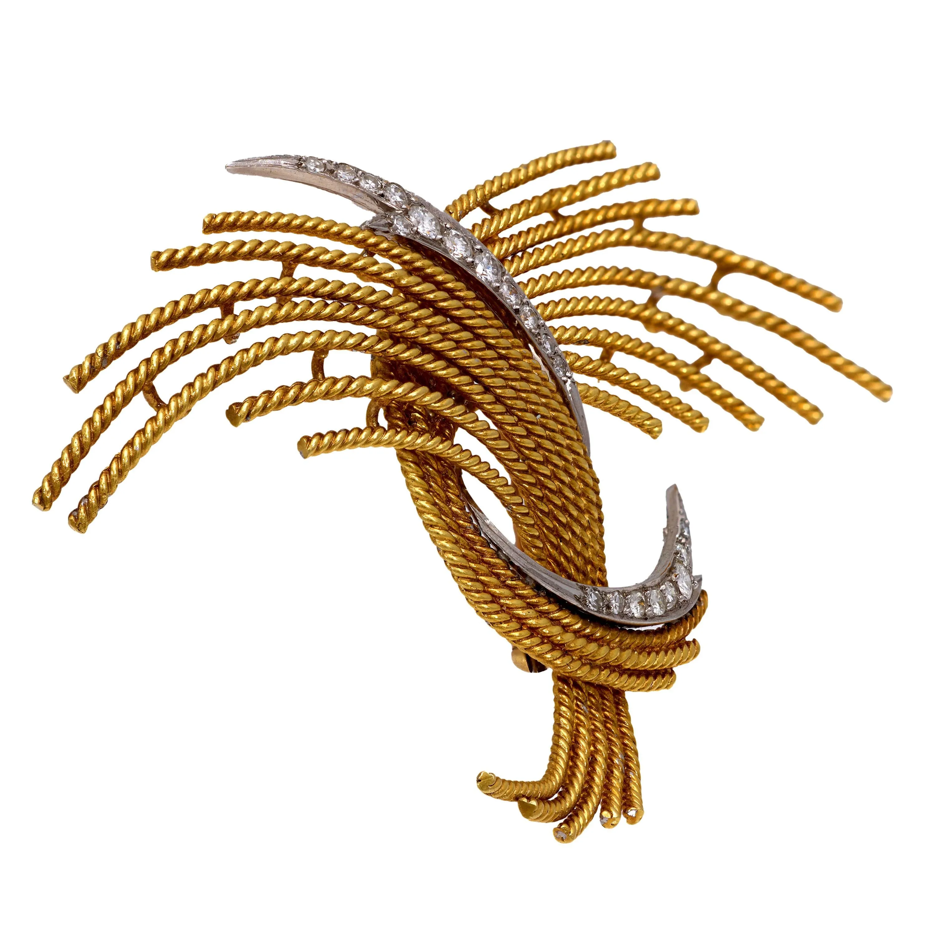 Mid Century diamond 18k yellow gold spray brooch