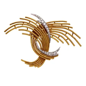 Mid Century diamond 18k yellow gold spray brooch