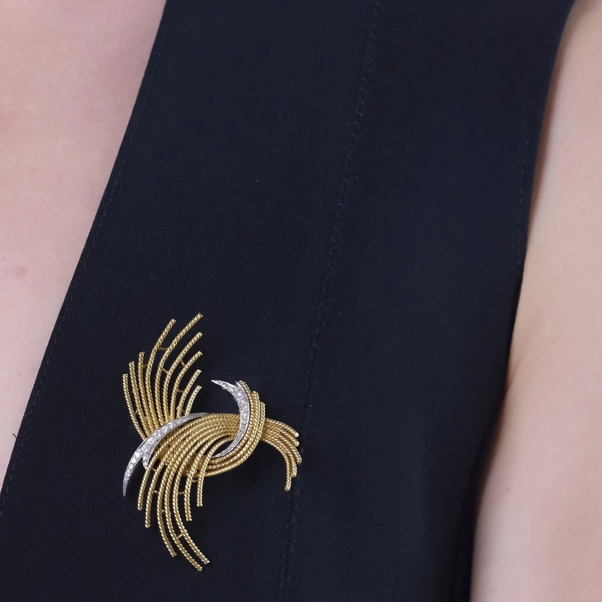Mid Century diamond 18k yellow gold spray brooch