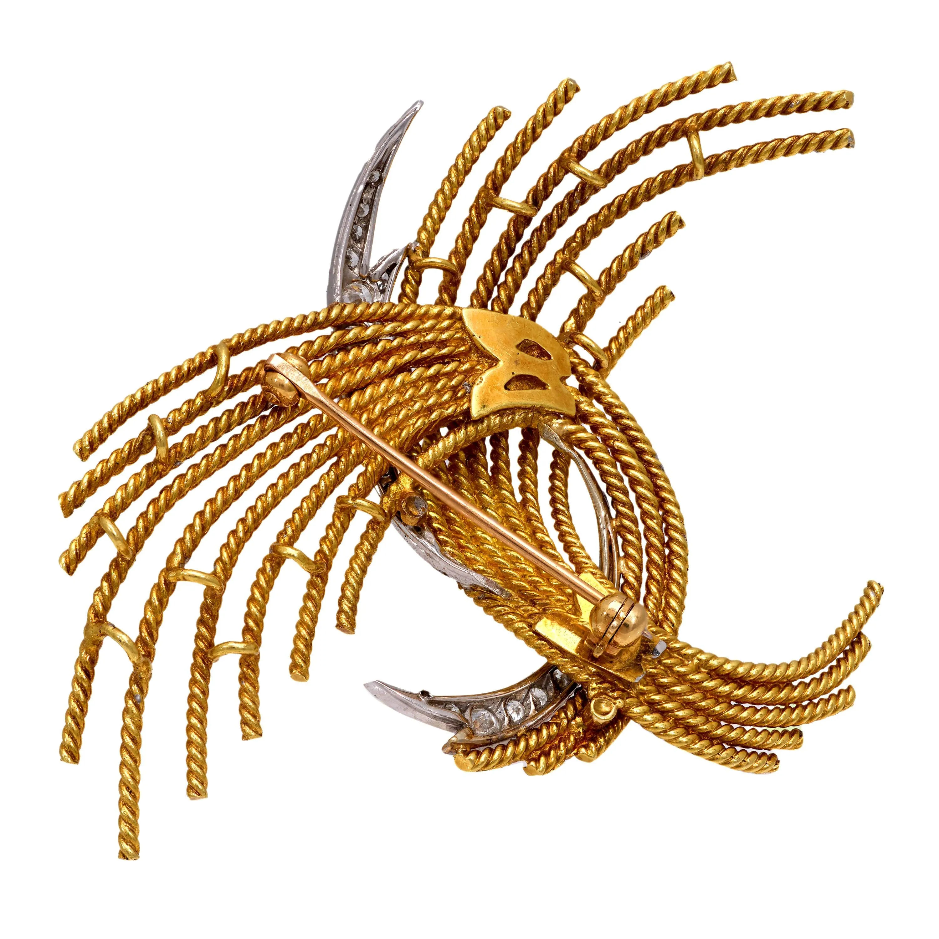 Mid Century diamond 18k yellow gold spray brooch