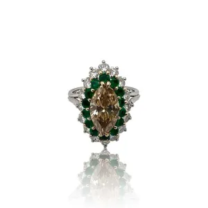 Post-1980s Platinum Fancy Brown Yellow Diamond & Emerald Ring