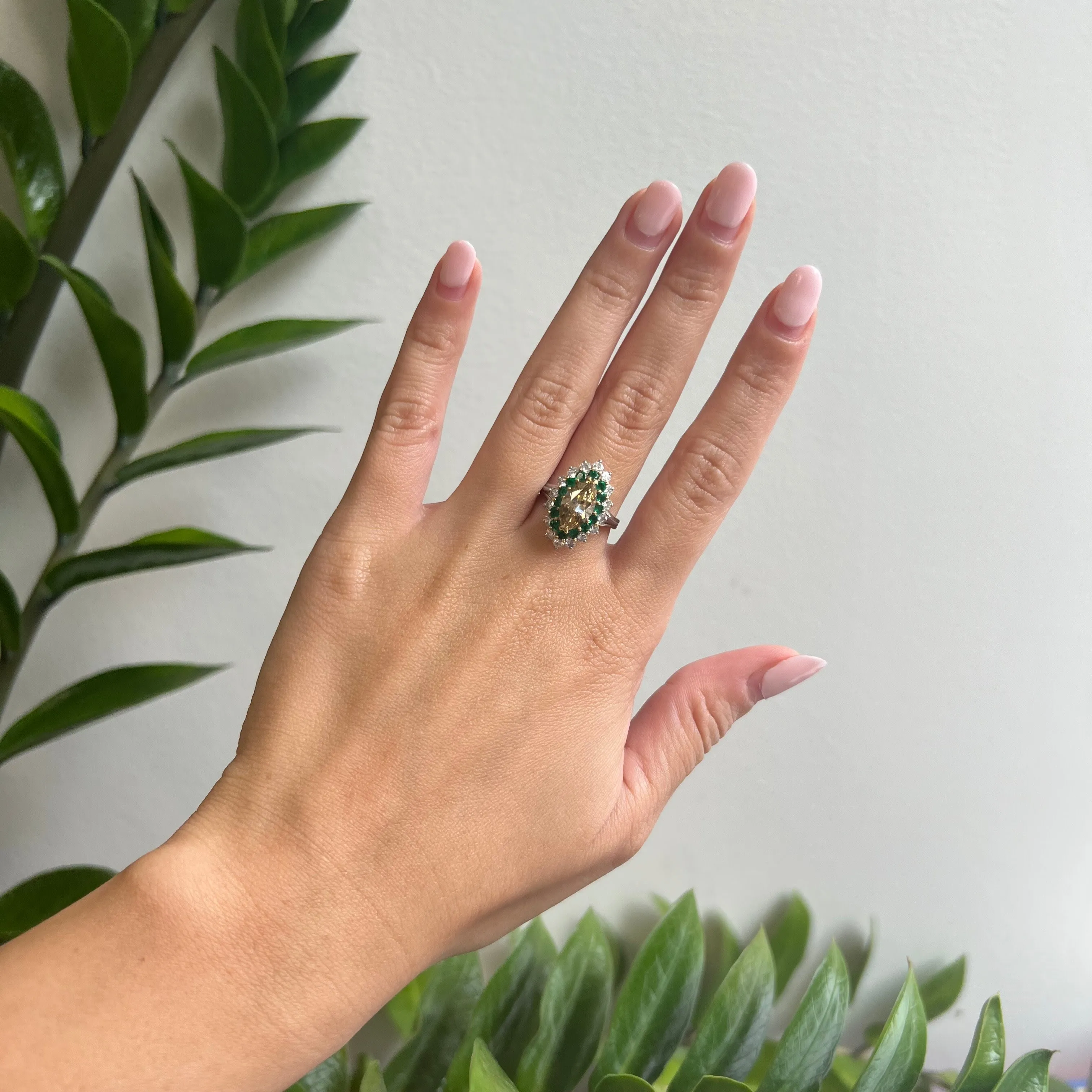 Post-1980s Platinum Fancy Brown Yellow Diamond & Emerald Ring