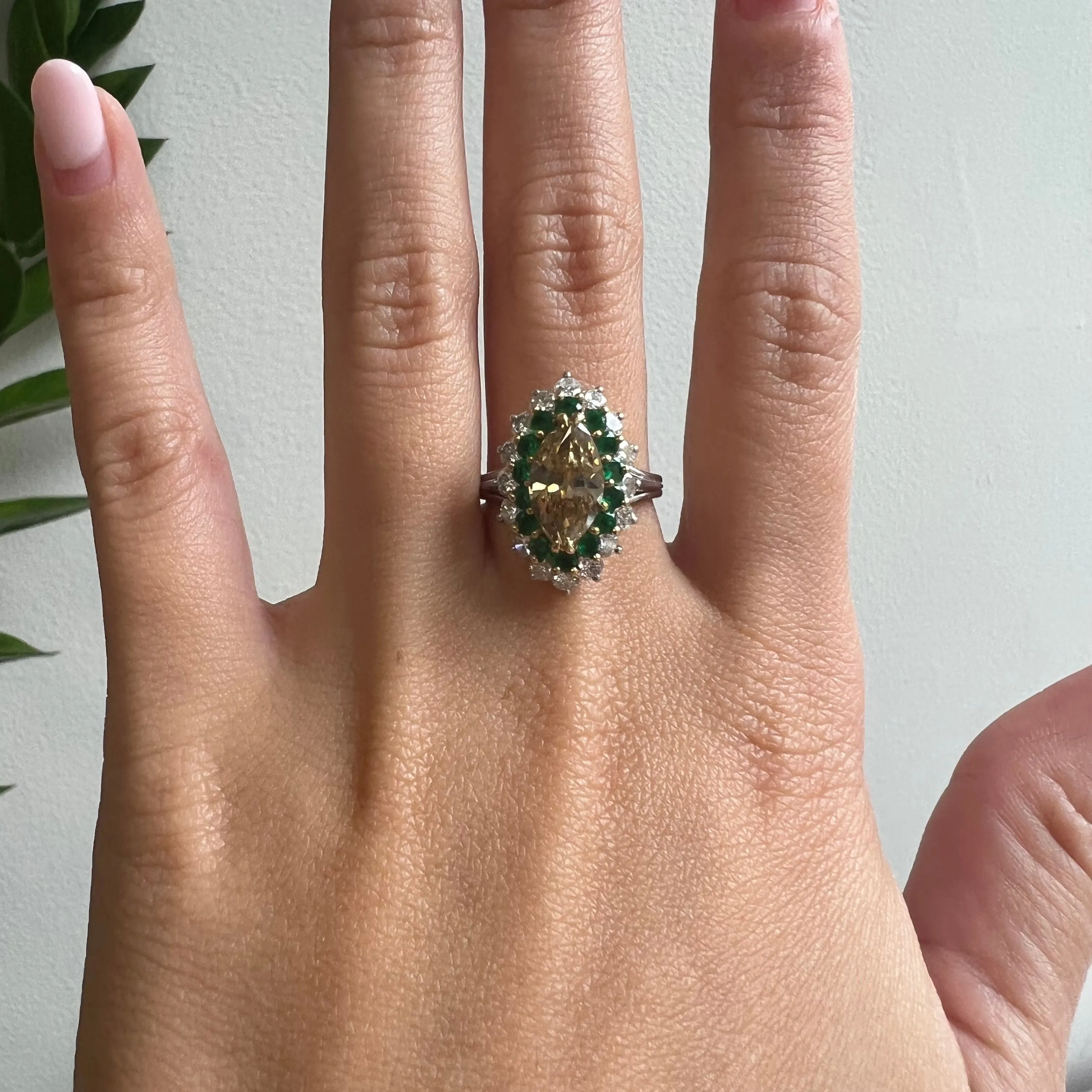 Post-1980s Platinum Fancy Brown Yellow Diamond & Emerald Ring