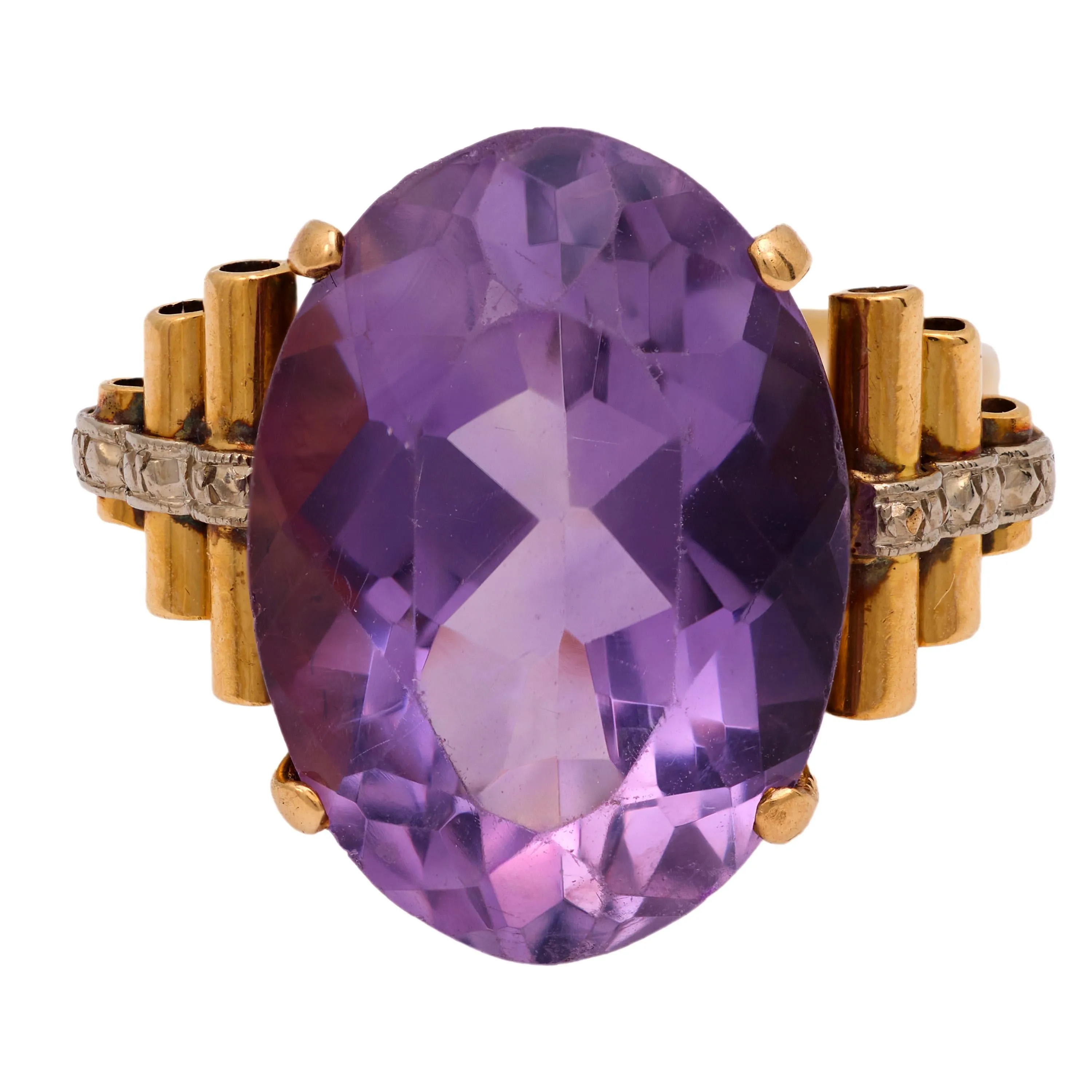 Retro 14.50 carat amethyst 18k yellow and white gold cocktail ring