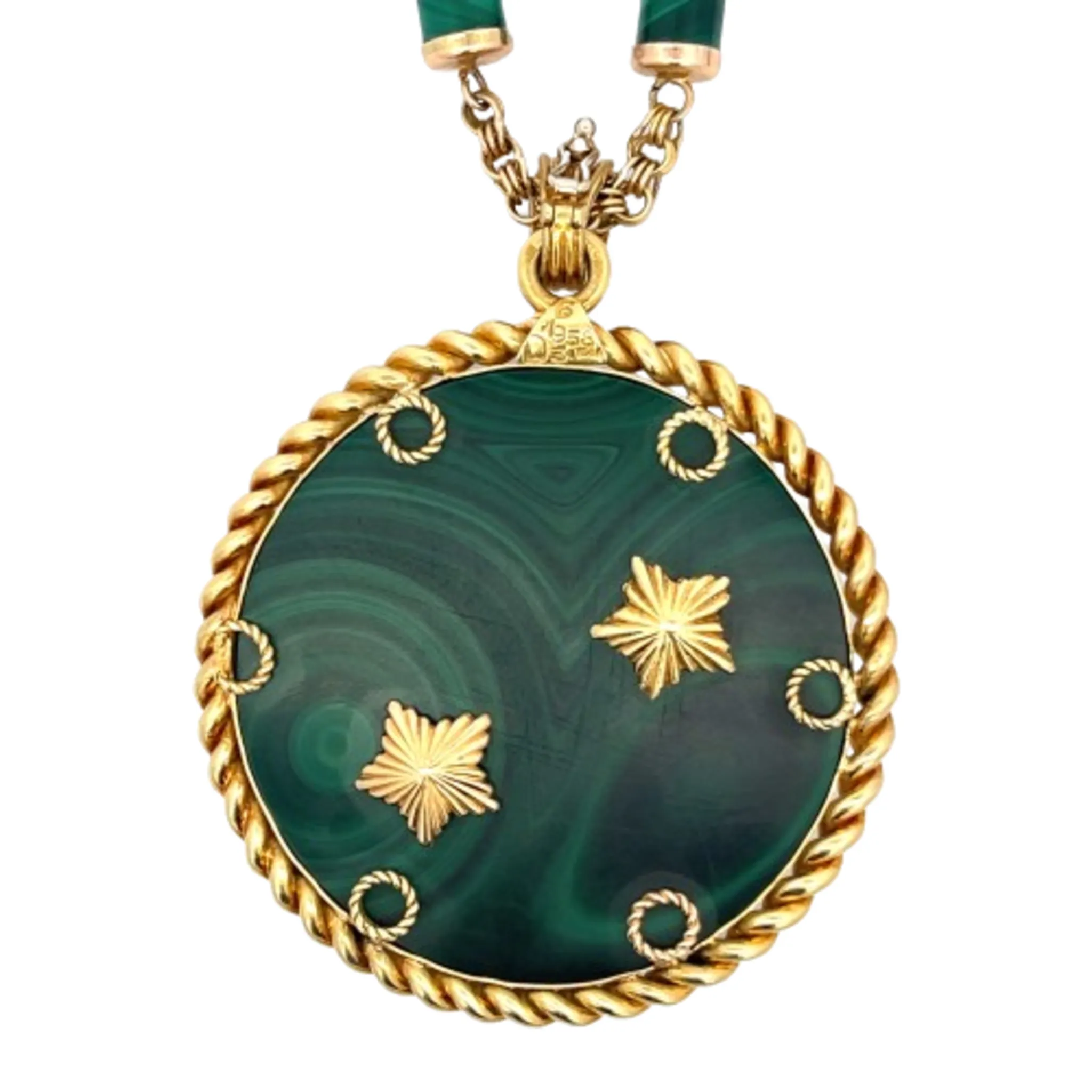 Van Cleef & Arpels French 1970s 18KT Yellow Gold Malachite, Diamond & Emerald Zodiac Necklace
