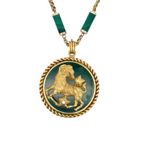 Van Cleef & Arpels French 1970s 18KT Yellow Gold Malachite, Diamond & Emerald Zodiac Necklace