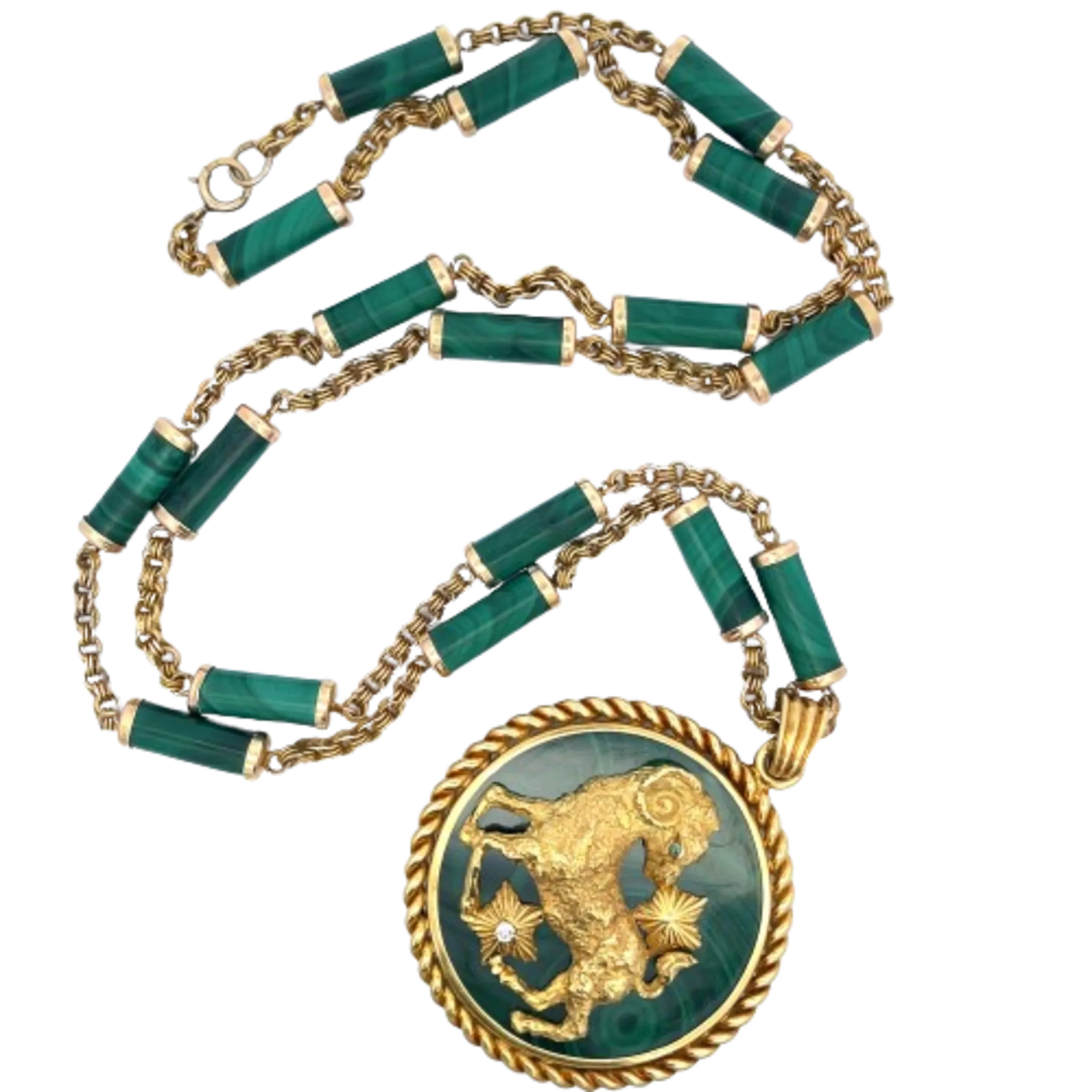 Van Cleef & Arpels French 1970s 18KT Yellow Gold Malachite, Diamond & Emerald Zodiac Necklace