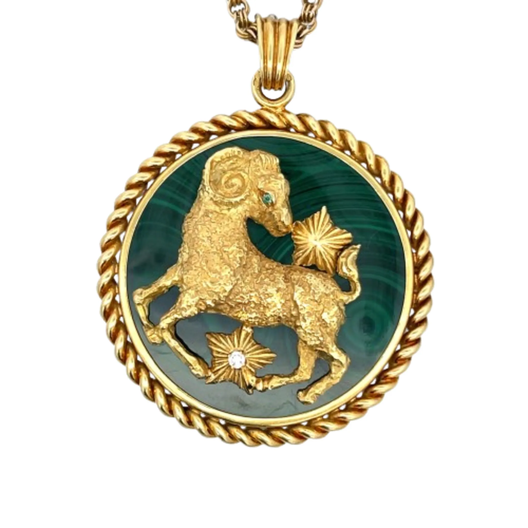 Van Cleef & Arpels French 1970s 18KT Yellow Gold Malachite, Diamond & Emerald Zodiac Necklace