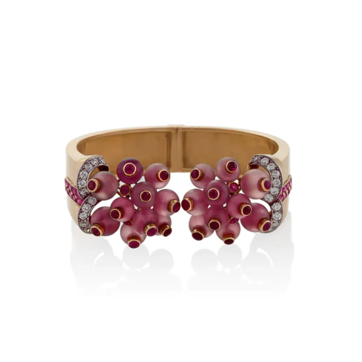 Verger Freres French 1930s 18KT Rose Gold Ruby, Diamond & Rose Quartz Cuff Bracelet