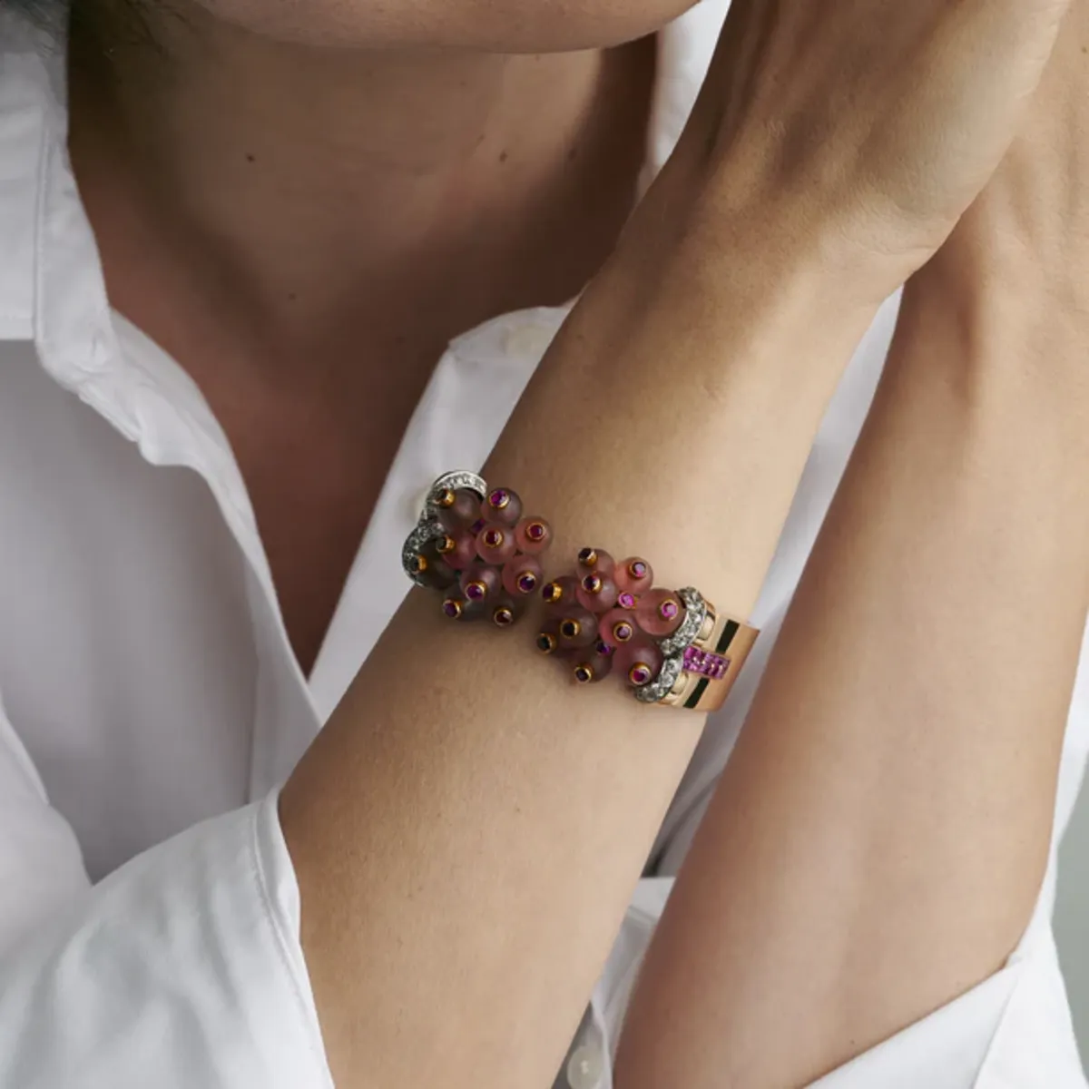 Verger Freres French 1930s 18KT Rose Gold Ruby, Diamond & Rose Quartz Cuff Bracelet