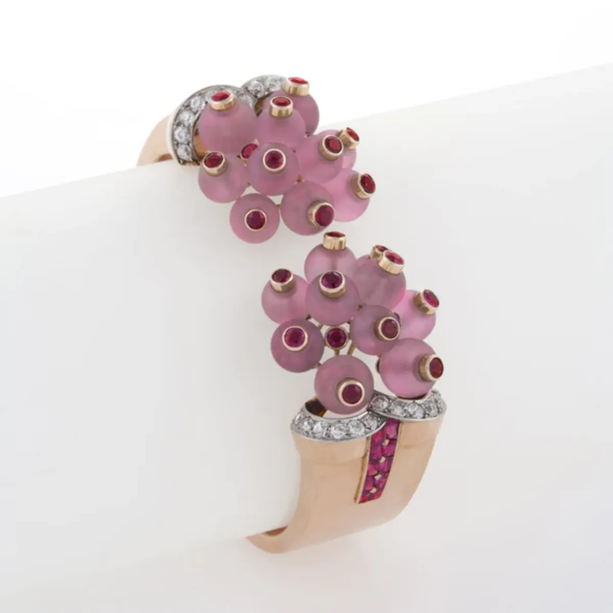 Verger Freres French 1930s 18KT Rose Gold Ruby, Diamond & Rose Quartz Cuff Bracelet