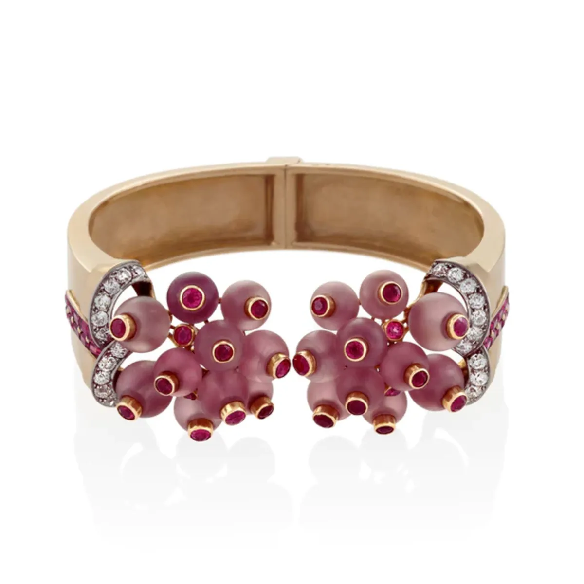 Verger Freres French 1930s 18KT Rose Gold Ruby, Diamond & Rose Quartz Cuff Bracelet