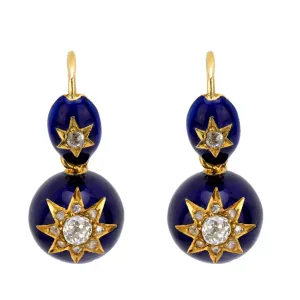 Victorian 14k 2ctw Diamond & Enamel Star Motif Earrings