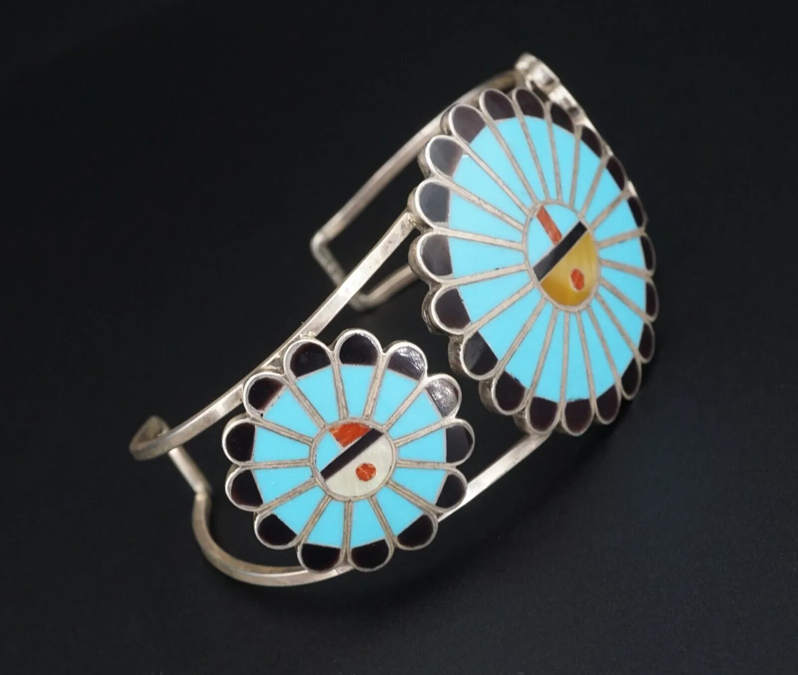 Zuni Sunface Cuff Bracelet Sterling Turquoise Inlay Adrian Wallace 7.25" BS2829